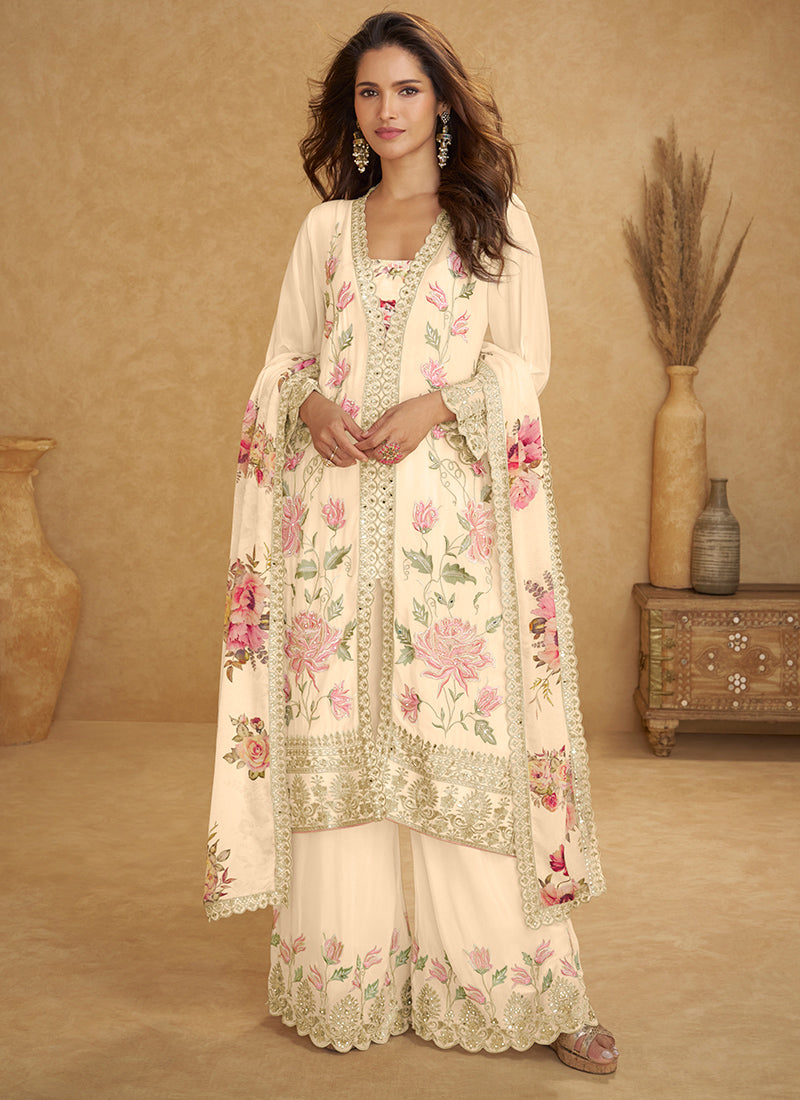 Chinon Cream Designer Wear Embroidery Work Readymade Plazzo Suit 386640