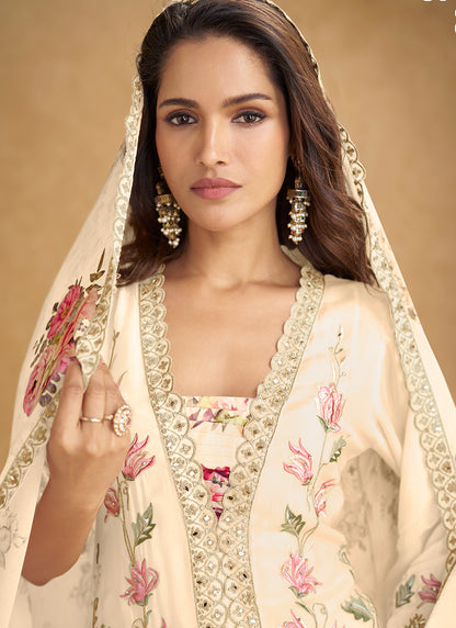 Chinon Cream Designer Wear Embroidery Work Readymade Plazzo Suit 386640