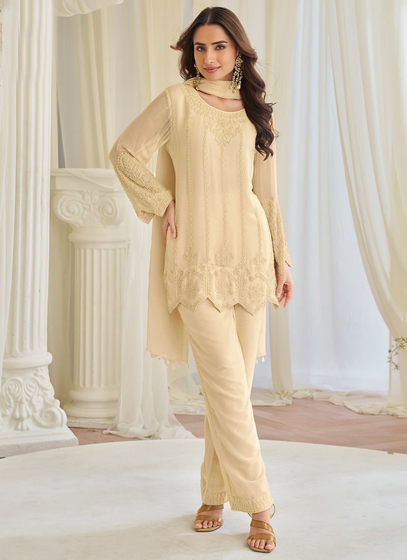 Cream Chinon Silk Embroidery Work Festival Wear Readymade Salwar Suit SW183523