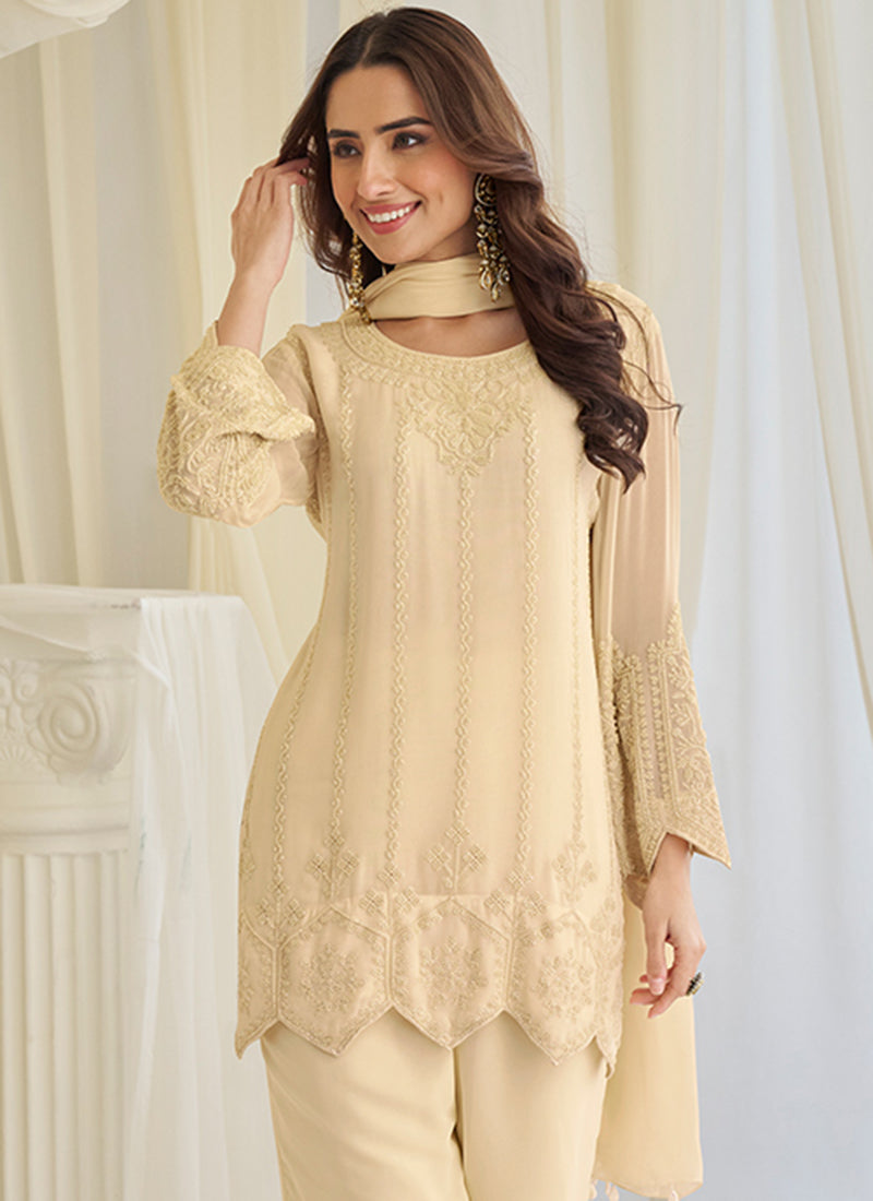 Cream Chinon Silk Embroidery Work Festival Wear Readymade Salwar Suit SW183523