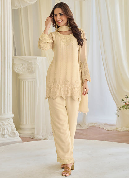 Cream Chinon Silk Embroidery Work Festival Wear Readymade Salwar Suit SW183523