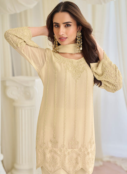 Cream Chinon Silk Embroidery Work Festival Wear Readymade Salwar Suit SW183523