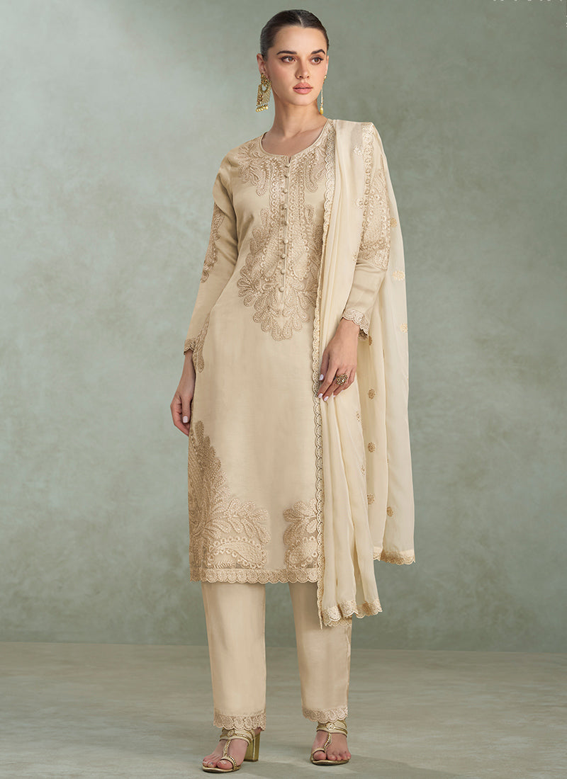Cream Chinon Silk Embroidery Work Festival Wear Readymade Salwar Suit SW483652