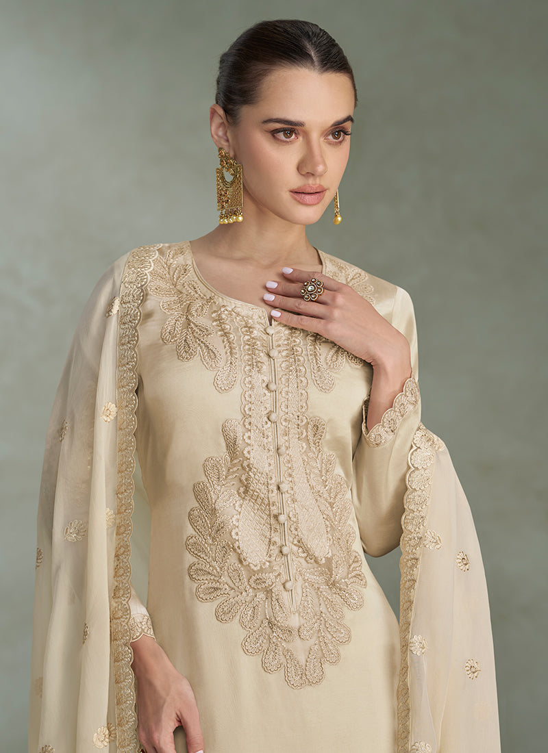 Cream Chinon Silk Embroidery Work Festival Wear Readymade Salwar Suit SW483652