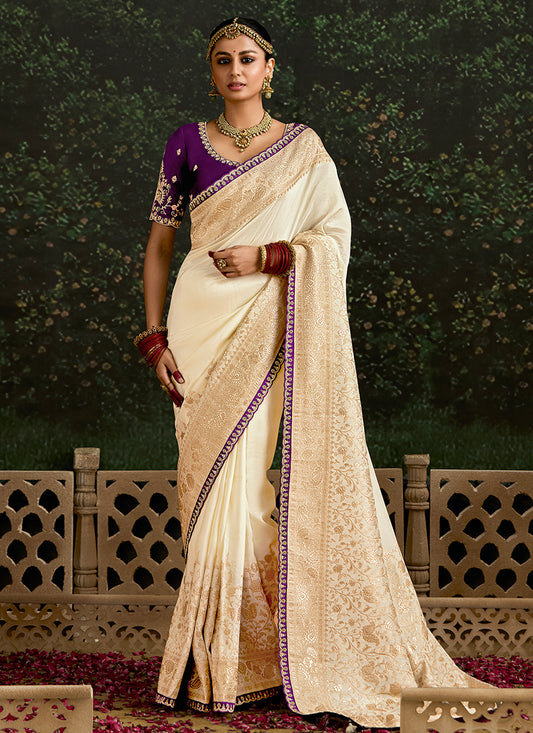 Cream Dola Silk Embroidery Work Festival Wear Saree SW191478