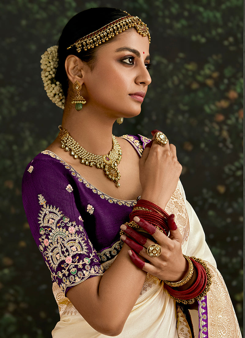 Cream Dola Silk Embroidery Work Festival Wear Saree SW191478