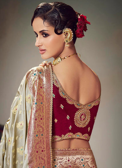 Fancy Fabric Cream Wedding Wear Embroidery Work Saree 385870