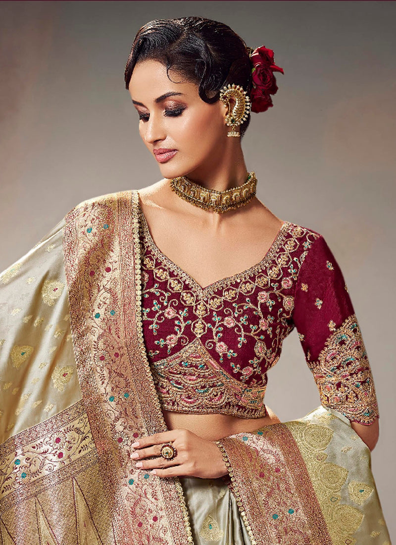 Fancy Fabric Cream Wedding Wear Embroidery Work Saree 385870