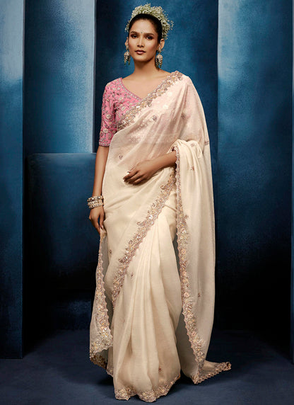 Cream Fancy Silk Embroidery Work Wedding Wear Saree SW357262