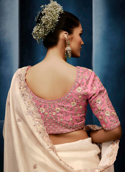 Cream Fancy Silk Embroidery Work Wedding Wear Saree SW357262