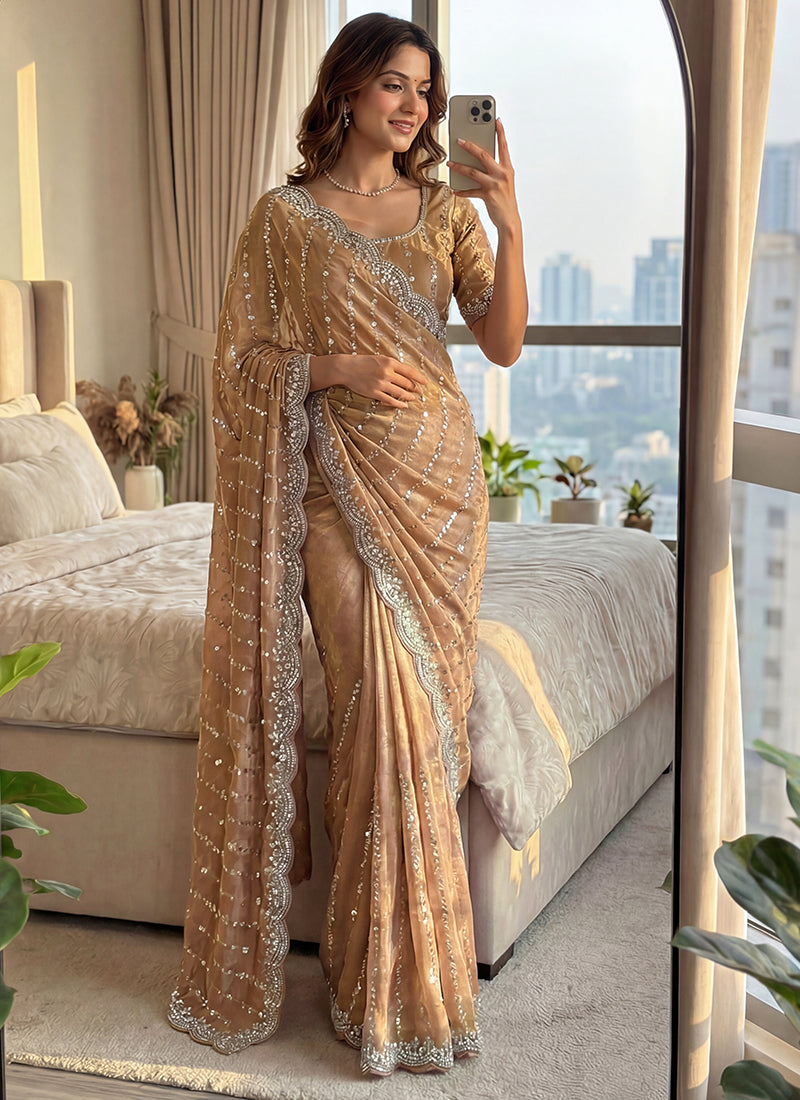 Cream Fendi Satin Sequins Work Festival Wear Saree SW625517