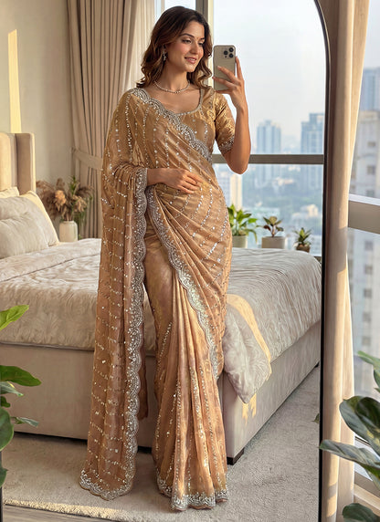 Cream Fendi Satin Sequins Work Festival Wear Saree SW625517