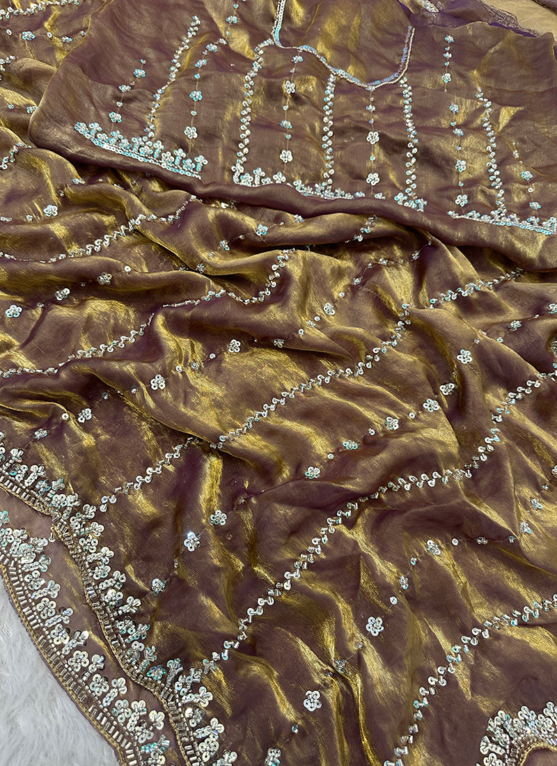 Cream Fendi Satin Sequins Work Festival Wear Saree SW625517