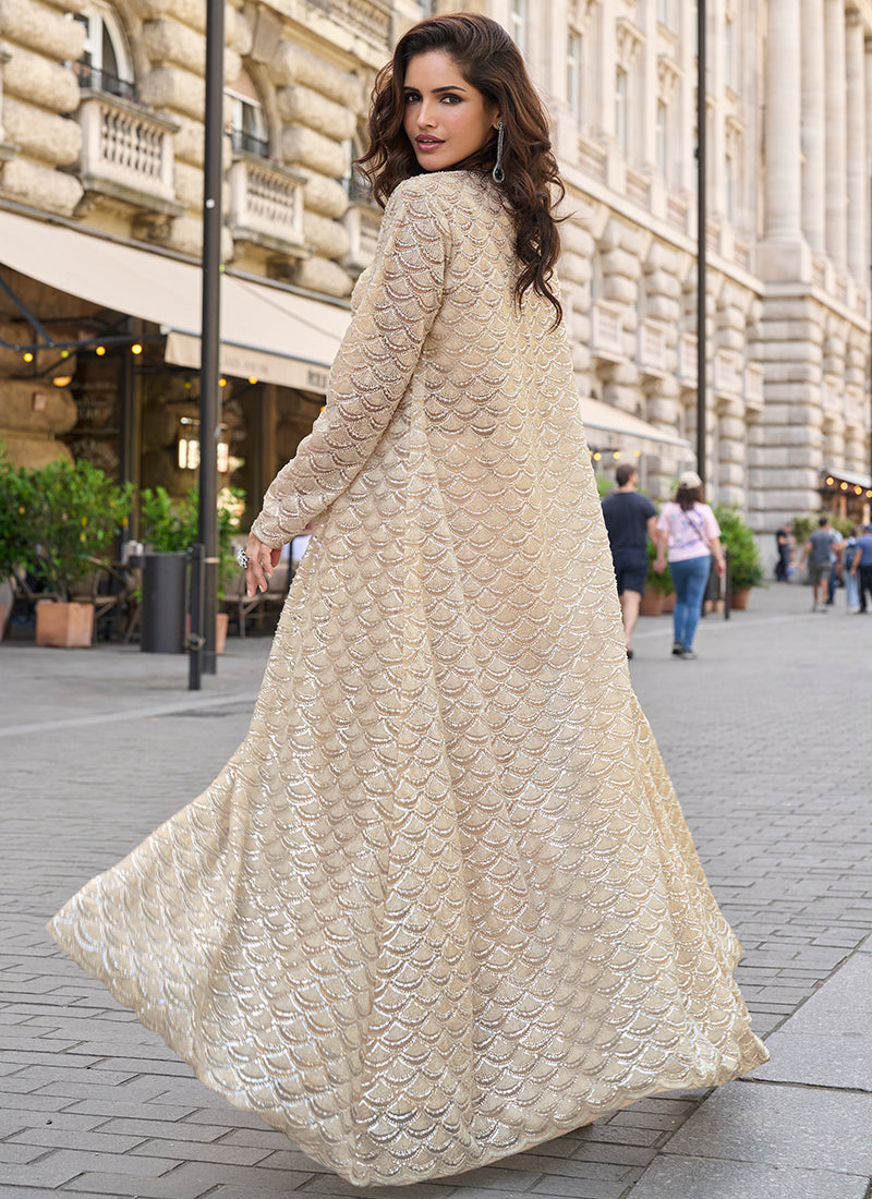 French Crepe Silk Cream Wedding Wear Bead Embroidery Work Readymade IndoWestern Suit 387523