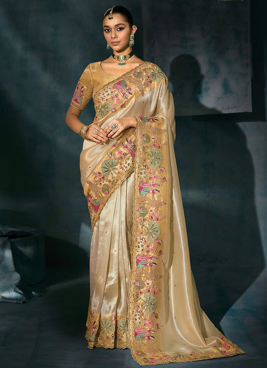 Ziraf Silk Cream Designer Saree with Heavy Work for Bridal Wear 384674