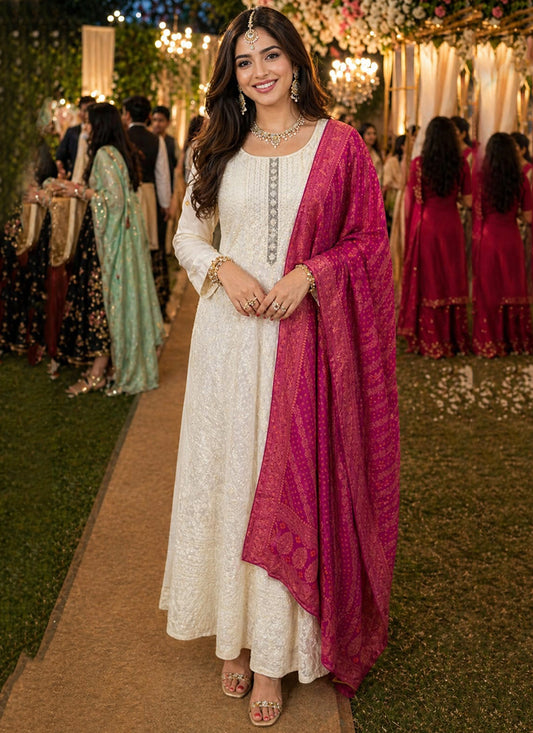 Cream Georgette Embroidery Work Festival Wear Readymade Gown With Dupatta SW586699