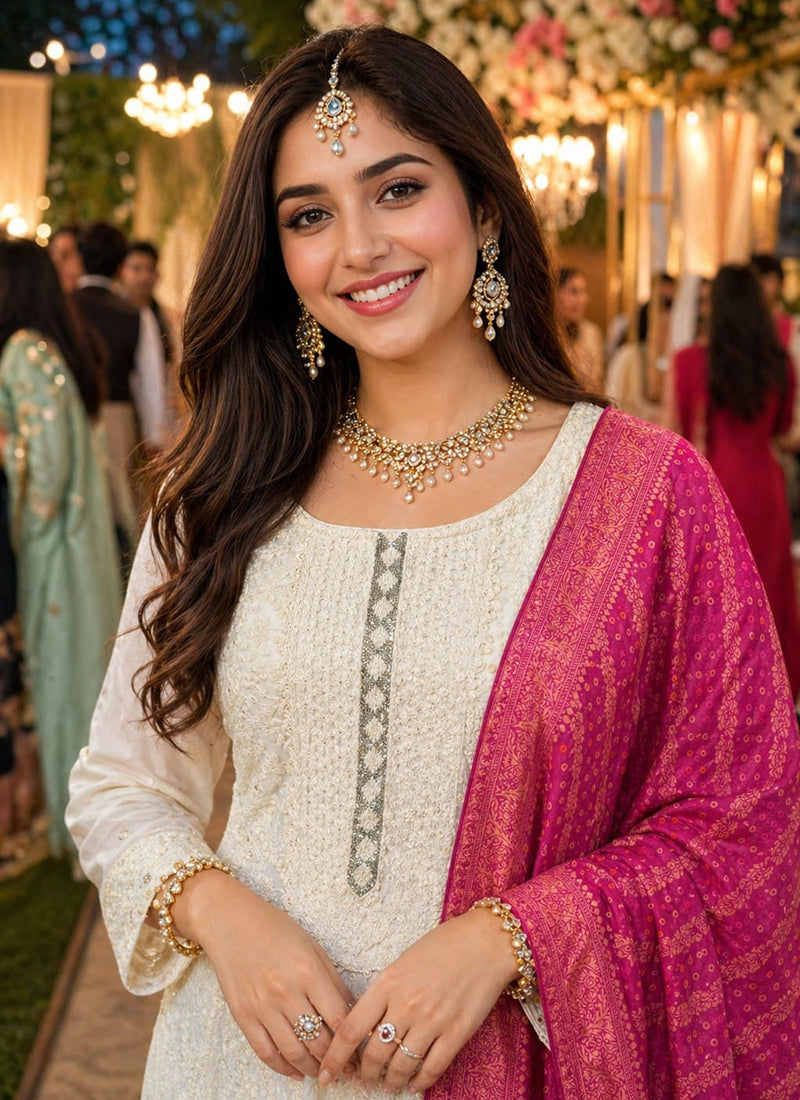 Cream Georgette Embroidery Work Festival Wear Readymade Gown With Dupatta SW586699