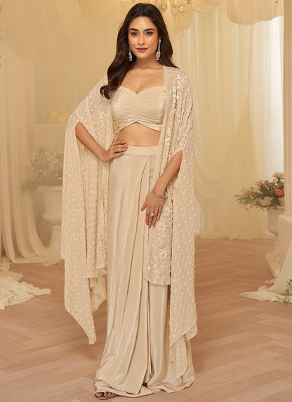 Cream Georgette Embroidery Work Festival Wear Readymade Plazzo Suit SW554577