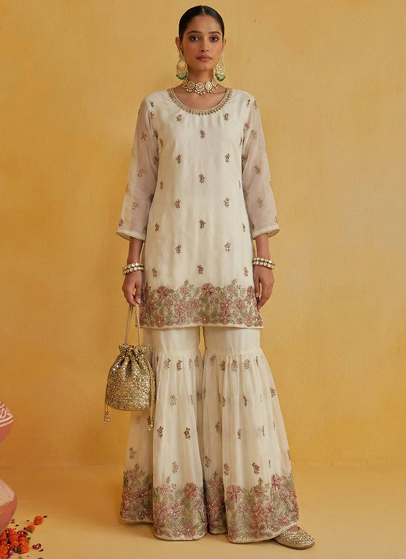 Cream Georgette Embroidery Work Party Wear Readymade Sharara Suit SW383139