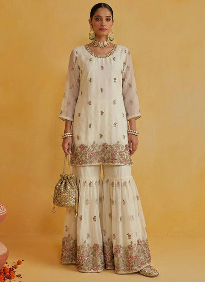 Cream Georgette Embroidery Work Party Wear Readymade Sharara Suit SW383139