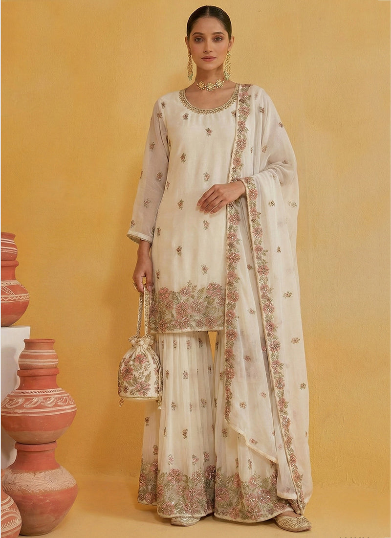 Cream Georgette Embroidery Work Party Wear Readymade Sharara Suit SW383139