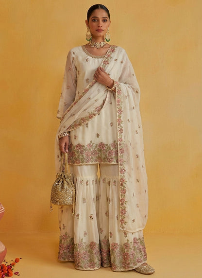 Cream Georgette Embroidery Work Party Wear Readymade Sharara Suit SW383139