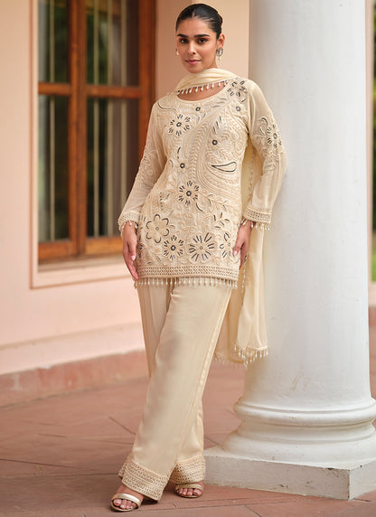 Georgette Cream Party Wear Moti Work Readymade Salwar Suit 386167