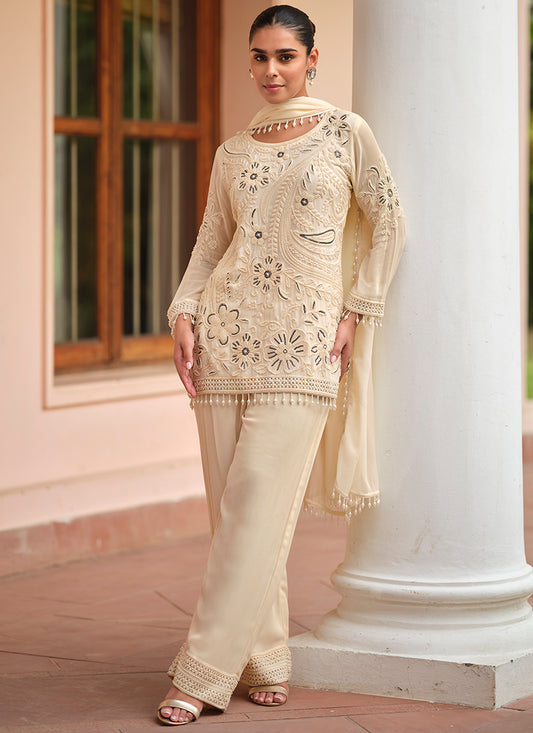Georgette Cream Party Wear Moti Work Readymade Salwar Suit 386167