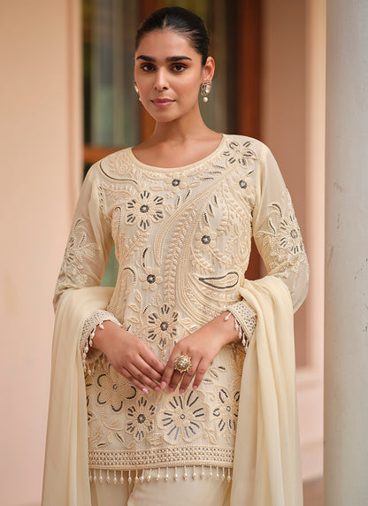 Georgette Cream Party Wear Moti Work Readymade Salwar Suit 386167