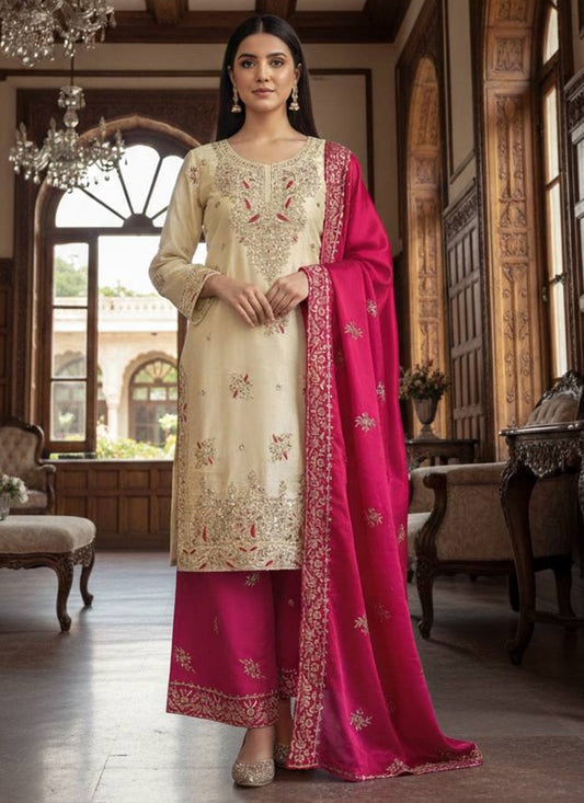 Cream Gmy Silk Sequins Work Festival Wear Readymade Salwar Suit SW733460