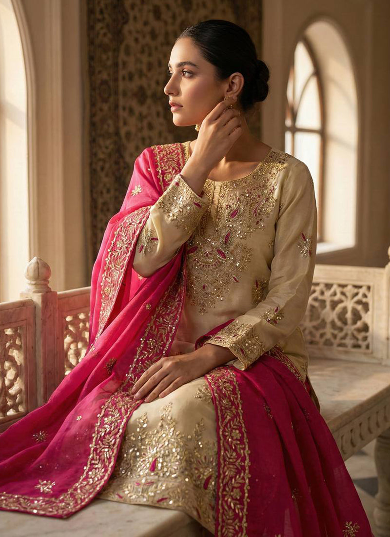 Cream Gmy Silk Sequins Work Festival Wear Readymade Salwar Suit SW733460