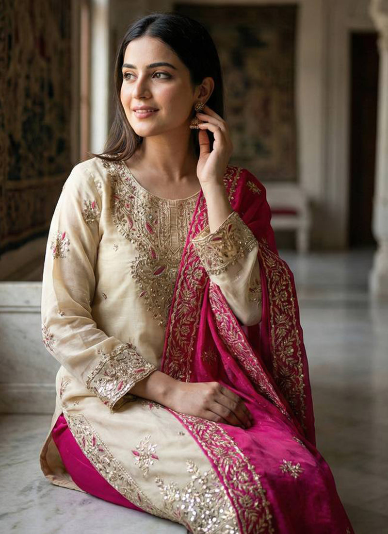 Cream Gmy Silk Sequins Work Festival Wear Readymade Salwar Suit SW733460