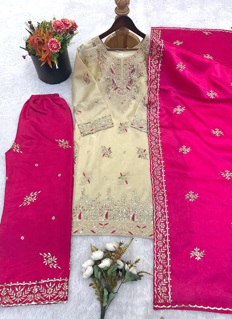 Cream Gmy Silk Sequins Work Festival Wear Readymade Salwar Suit SW733460