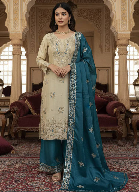 Cream Gmy Silk Sequins Work Festival Wear Readymade Salwar Suit SW978321