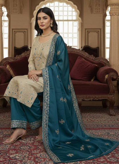 Cream Gmy Silk Sequins Work Festival Wear Readymade Salwar Suit SW978321