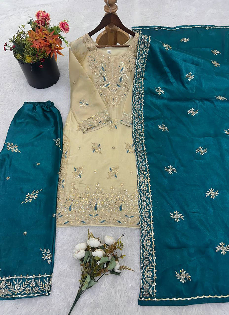 Cream Gmy Silk Sequins Work Festival Wear Readymade Salwar Suit SW978321