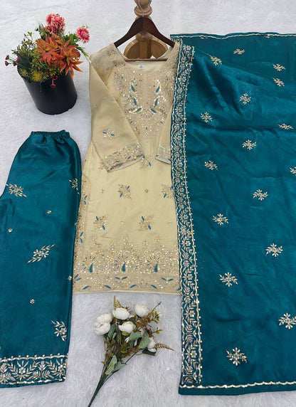 Cream Gmy Silk Sequins Work Festival Wear Readymade Salwar Suit SW978321