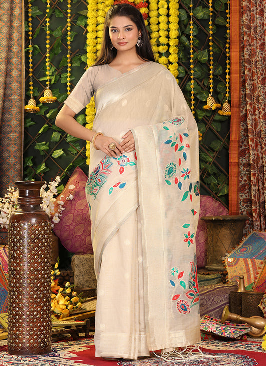 Linen Cotton Cream Saree with Weaving Work for Daily Wear 382717