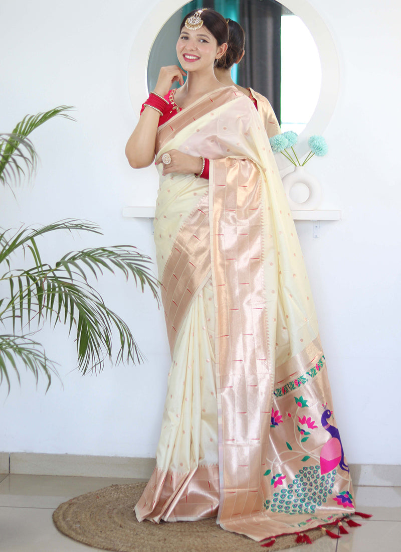 Paithni Silk Cream Saree with Embroidery Work for Party Wear 382459