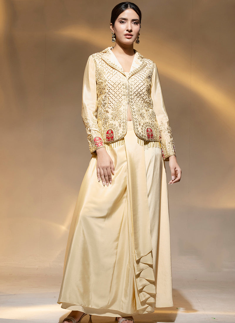 Premium Crepe Cream Party Wear Zari Work Readymade Indowestern Suit 388472