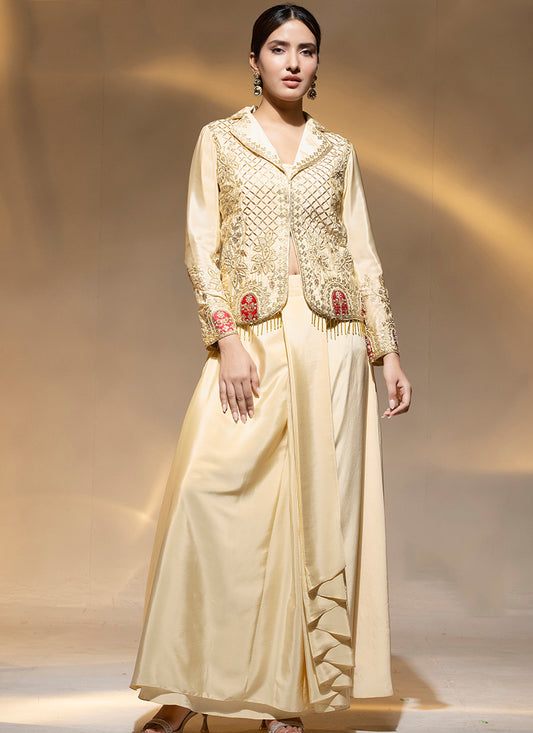 Premium Crepe Cream Party Wear Zari Work Readymade Indowestern Suit 388472