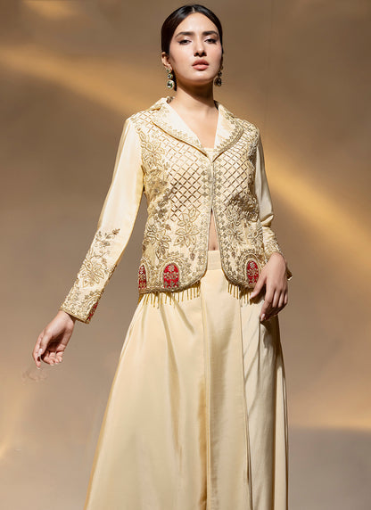 Premium Crepe Cream Party Wear Zari Work Readymade Indowestern Suit 388472