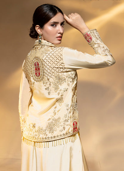 Premium Crepe Cream Party Wear Zari Work Readymade Indowestern Suit 388472
