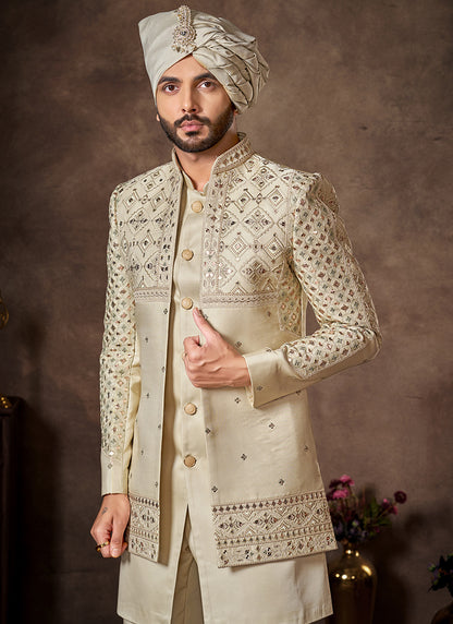 Cream Premium Silk Embroidery Work Wedding Wear Readymade 2 Pcs Suit SW102336
