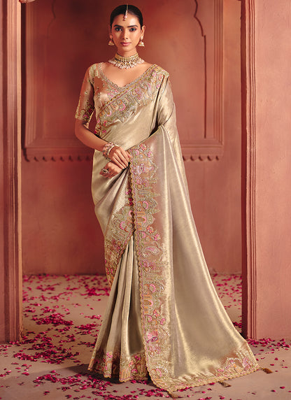 Cream Pure Smooth Zari Silk Embroidery Work Wedding Wear Saree SW114399