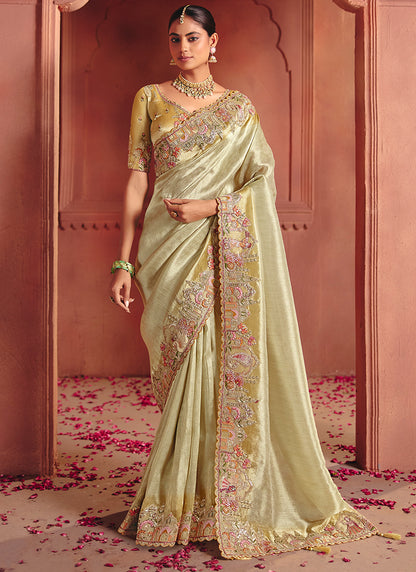 Cream Pure Smooth Zari Silk Embroidery Work Wedding Wear Saree SW445507