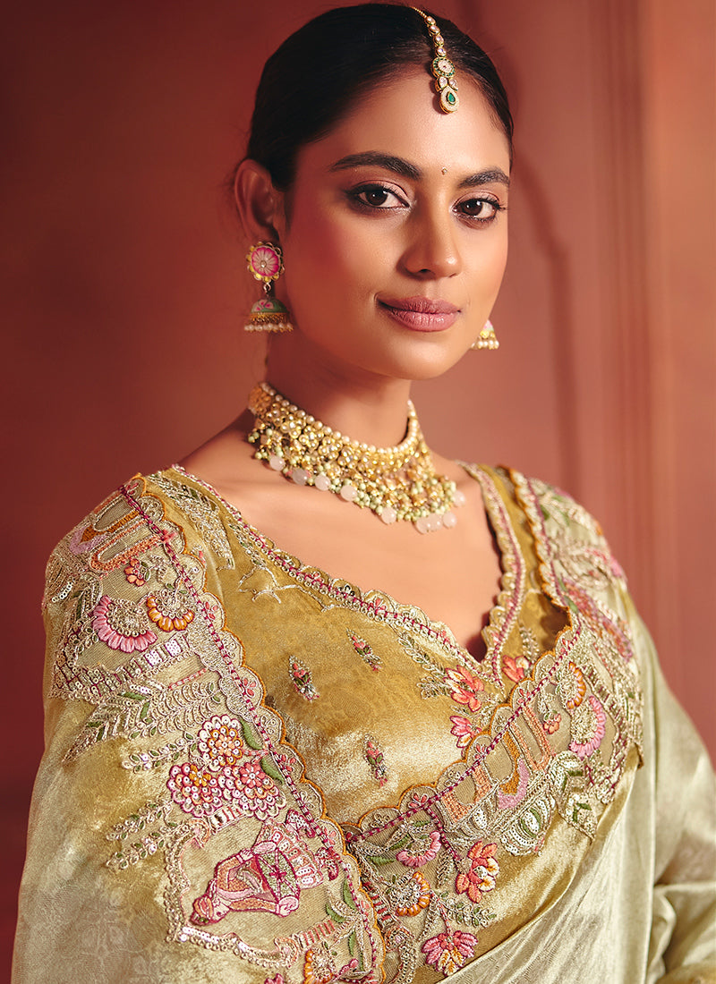 Cream Pure Smooth Zari Silk Embroidery Work Wedding Wear Saree SW445507
