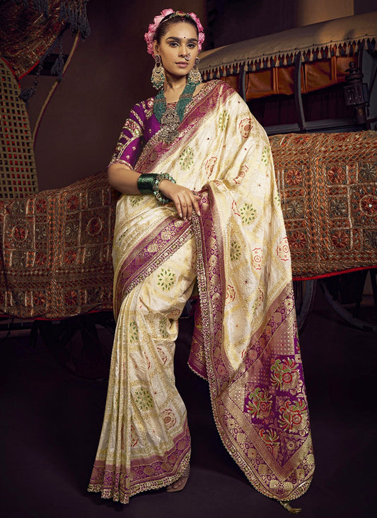 Pure Viscose Cream Saree with Weaving Work for Bridal Wear 380837