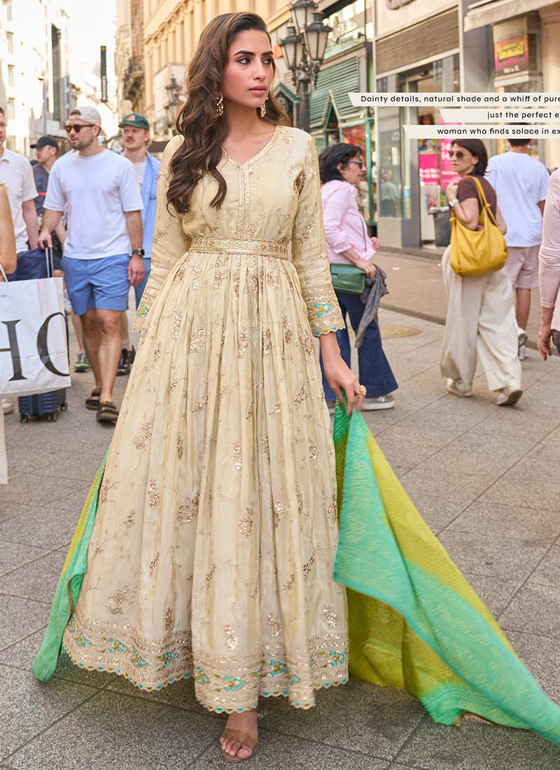 Real Shimmer Silk Cream Festival Wear Embroidery Work Readymade Anarkali Suit 387223