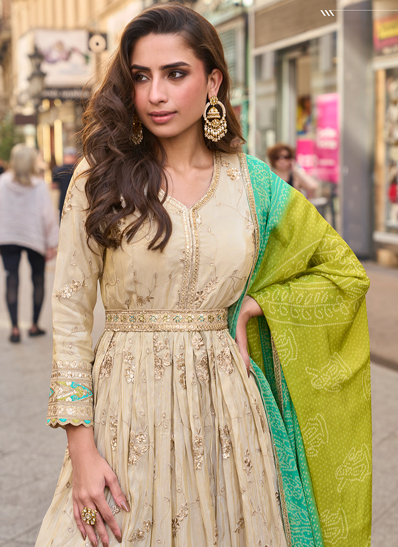 Real Shimmer Silk Cream Festival Wear Embroidery Work Readymade Anarkali Suit 387223